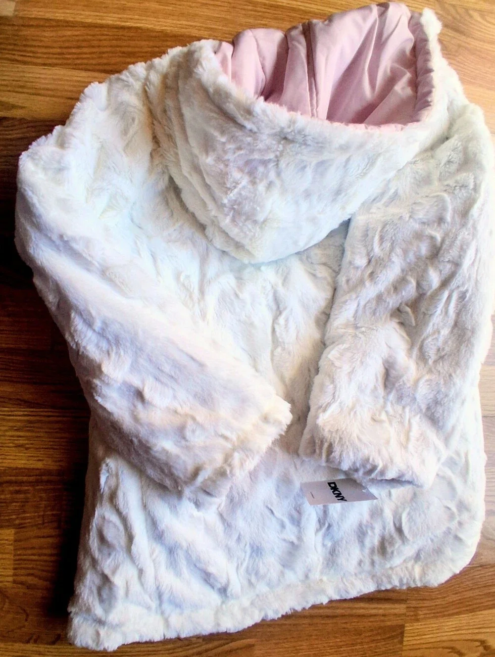 NWT DKNY girls REVERSIBLE COAT, Pale Pink/white Fuzzy Faux Fur, Sz 6X  MSRP $130